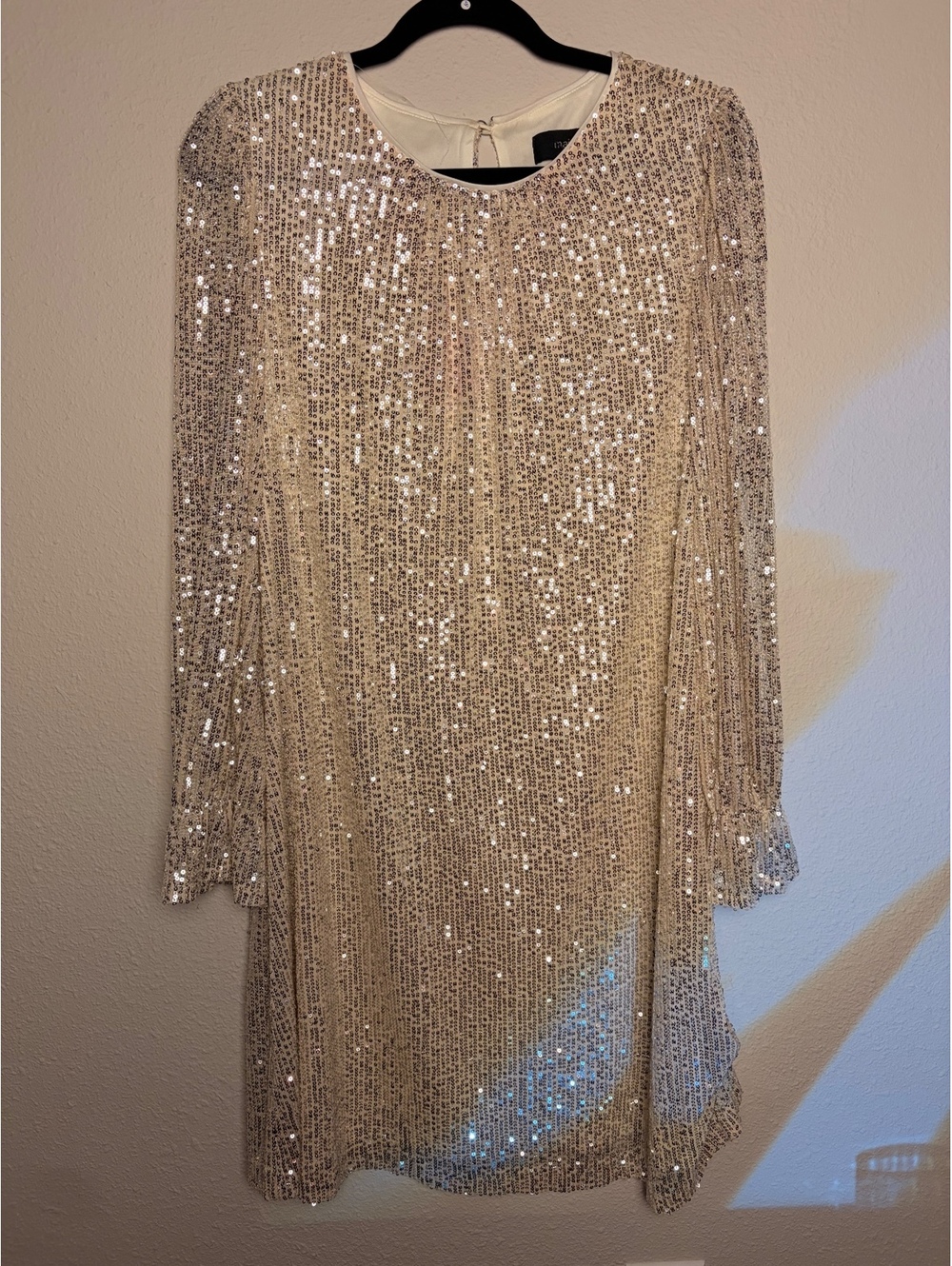 Beige Sequin Long Sleeve Shift Dress Size 12